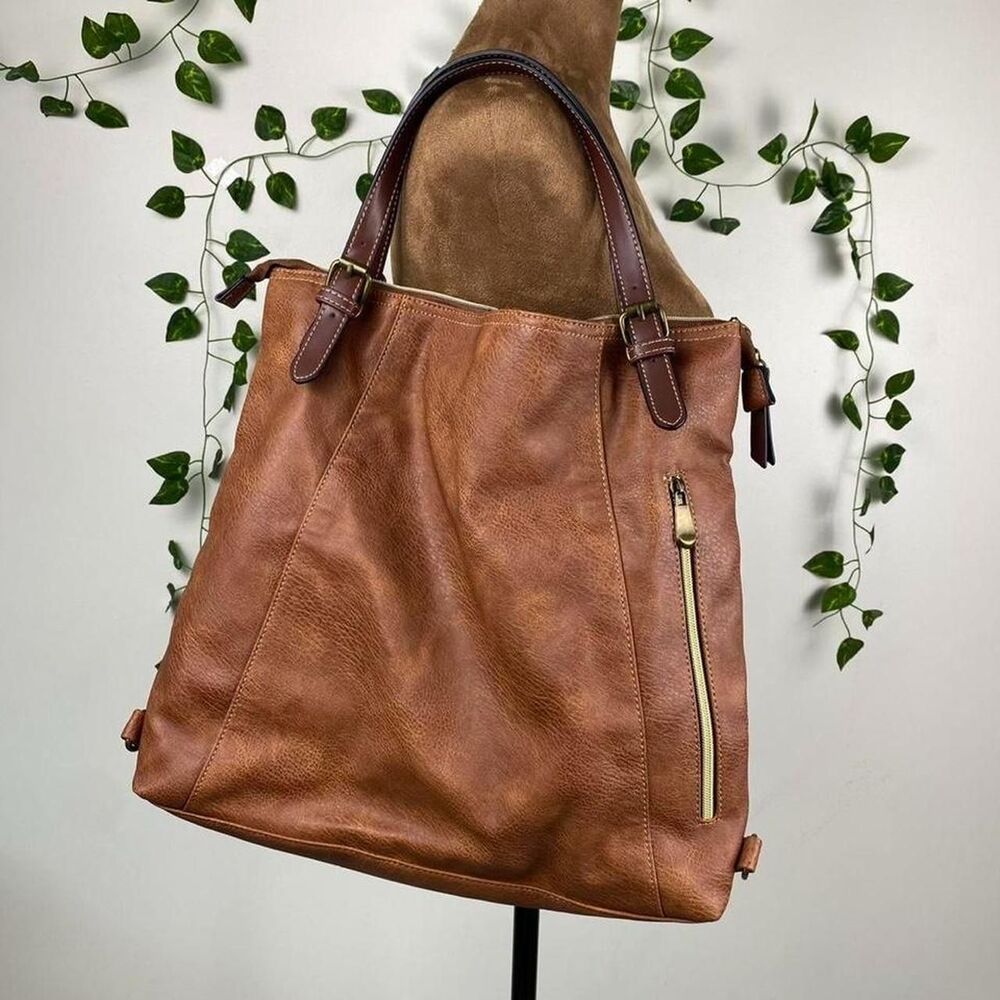 Brenice Brown leather slouchy hobo shoulder bag tote backpack boho chic cottage